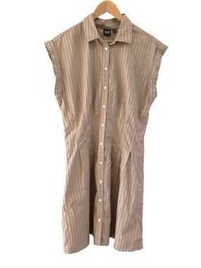 Gap Poplin Striped Cinched Mini Shirtdress Women's Medium Tall Tan Sleeveless